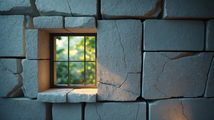 Poster - The ancient window set within a stone wall.
