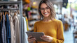 © Katerina Bond - Smiling young woman with glasses using digital tablet in clothing store, representing modern retail, technology, customer service, and friendly fashion boutique environment.