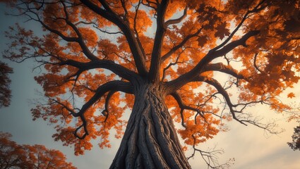 Poster - The trunk and crown of an oak tree with leaves against the blue sky, viewed from underneath. Trees. Tree tops.