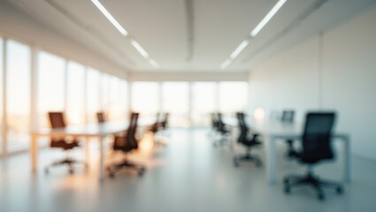 Poster - Out-of-focus visual of a sleek open office environment with a white interior and comprehensive furniture arrangement for design background ideas