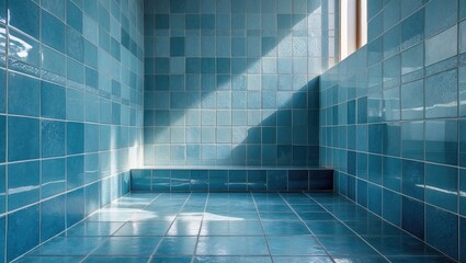 Poster - Ornamental blue glossy stone tiled wall and floor in a roomy bathroom