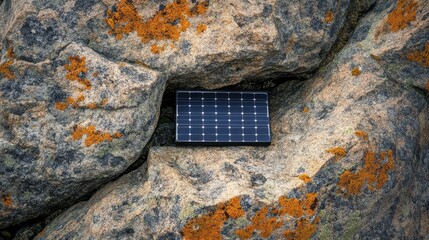 Poster - A solar panel is nestled amongst large rock formations