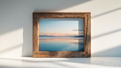 Poster - Wooden frame mockup positioned against a white backdrop. Horizontal design ideal for different landscapes.