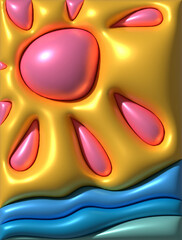 Aufkleber - Glossy pink sun with rays on a golden sky above wavy blue water. The texture is smooth and reflective, 3d rendering illustration