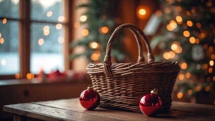 Poster - Wooden desk providing free space for your decoration and ornaments. Vacant area for your products. Blurred window sill featuring a winter landscape.