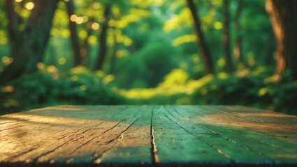 Poster - Wooden table with a blurred natural backdrop.