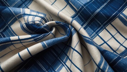 Poster - Winter jackets. Fabric featuring geometric patterns. Light blue with brown cross designs. Classic plaid.