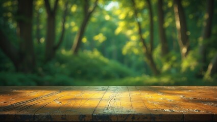 Poster - Wooden desk with a blurred nature backdrop.