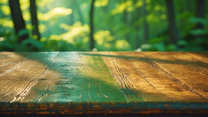 Poster - Wooden desk with a blurred nature backdrop.