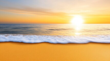 Wall Mural - Golden Sunset Beach Serenity - Tranquil ocean waves lapping a golden sand beach at sunset. Symbolizes peace, tranquility, relaxation, warmth, and hope