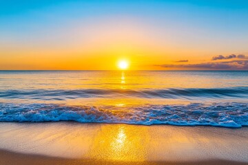 Wall Mural - Breathtaking Golden Sunset Beach Scene - Serene ocean waves gently caress the golden sand as a vibrant sunset paints the sky. Symbolising peace, tranquility, hope, warmth, and renewal