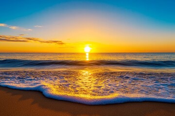 Wall Mural - Golden Sunset Over Ocean Waves - Serene ocean waves gently lapping the shore at sunset. Vibrant golden light reflects on the water. Peaceful beach scene