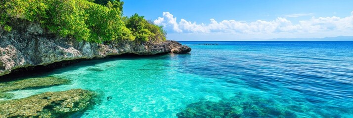 Wall Mural - Secluded Cove Tropical Paradise - Tranquil turquoise waters, lush greenery, hidden beach, sun-kissed shores, ultimate relaxation. Escape to paradise