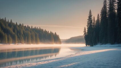 An enchanting winter vista highlighting a snowy lake framed by peaceful forests during twilight