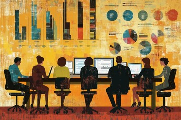 Poster - data processing meeting with diverse business professionals at a conference room during daytime, dat