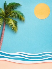 Wall Mural - Tropical Summer Paradise - Paper art depiction of a palm tree, sun, and ocean waves on a light blue background. Perfect for travel, vacation, or summer themes