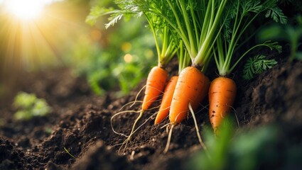 Aufkleber - Detailed view of a carrot vegetable growing in soil in the garden.