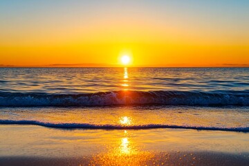 Wall Mural - Breathtaking Golden Sunset Ocean Scene - Serene ocean waves meet a vibrant golden sunset, symbolizing tranquility, peace, hope, renewal, and the end of a day