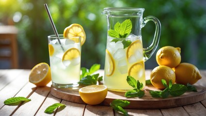 Aufkleber - Iced citrus lemonade served in a pitcher and glasses, garnished with lemon slices and mint leaves, on a table with a natural backdrop. A stunning image of a refreshing summer beverage. Blank space