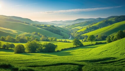 Poster - A broad view featuring gentle green hills and forested hillsides, basking in the warm light of a sunny afternoon.