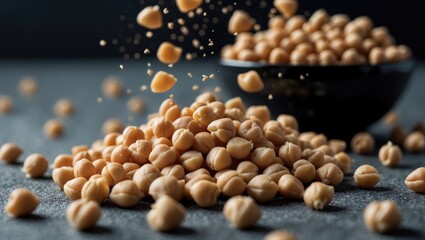 Aufkleber - Chickpeas tumbling from a bowl. Black background. Close-up capture