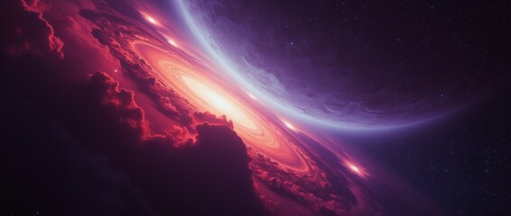 Wall Mural - dramatic cosmic scene featuring a large planet near a colossal, glowing pink/red spiral galaxy or st