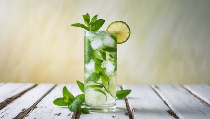 Aufkleber - Chilled organic lemonade drink with sparkling water, lime, and mint served in a tall glass with ice cubes on a white wooden surface