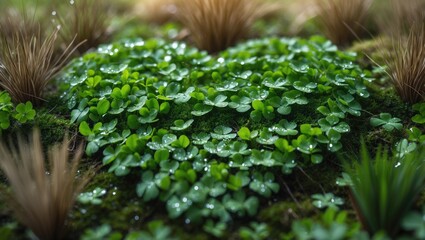 Aufkleber - Clover ground cover, thriving greenery, grass and leaves, backdrop for design, dew-laden leaves, forest landscape
