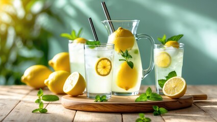 Aufkleber - Pitcher and glasses of citrus iced lemonade with lemon slices and mint leaves, placed on a table in a natural environment. Captivating summer drink photo. Copy space provided.