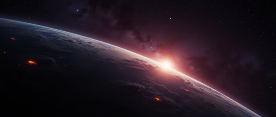 Wall Mural - sunrise or star-rise over a dark planet's horizon, revealing clouds and glowing surface hotspots. st