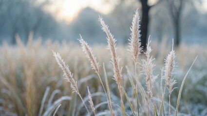 Poster - Frost delicately covers the tall grass in a quiet park, resulting in a picturesque winter setting.