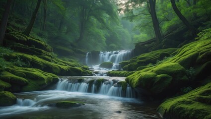 Poster - Waterfall cascading over moss-covered stones