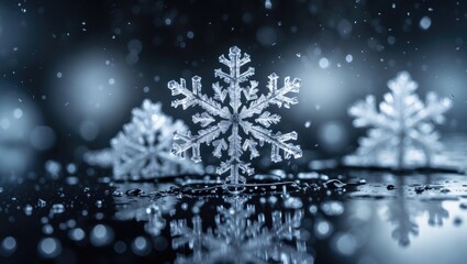 Aufkleber - The photograph captures a tight view of a collection of delicate snowflakes resting on a dark surface, with their complex crystalline designs emphasized by the contrast.