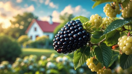 Aufkleber - Fresh, juicy blackberry. Garden fruit plant. Exquisite natural rural vista with a strong blurred effect. The principle of nutritious food loaded with vitamins.