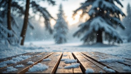 Aufkleber - Scenic winter Christmas view showcasing a wooden deck dusted with snow and blurred snowy fir trees in the background.
