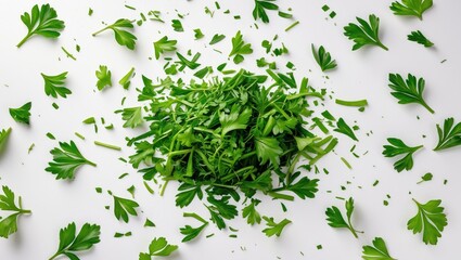 Aufkleber - Fresh parsley leaves cut and isolated against a white backdrop, aerial view.