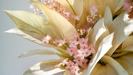 Poster - An up-close perspective displays creamy, speckled bracts enveloping tender pink petals and minuscule white flowers. Under gentle illumination, this floral beauty exemplifies nature's charm.