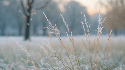 Poster - Light frost wraps around tall grass in a peaceful park, producing an elegant winter scene.