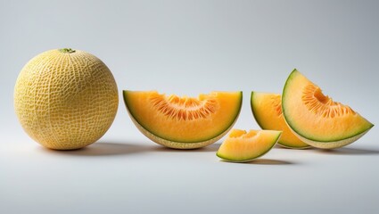 Aufkleber - Isolated green melon and cantaloupe cut in half against a white background
