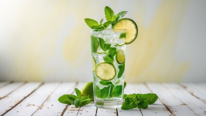 Aufkleber - Organic cold lemonade cocktail featuring sparkling water, lime slices, and fresh mint in a tall glass with ice on a white wooden table