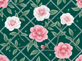  Elegant Camellia Floral Pattern on a Deep Green Background with Sparkling Diamonds