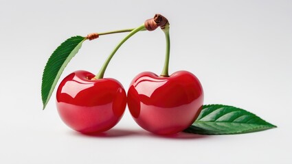Aufkleber - Cherry with leaf and stem isolated on a white background.
