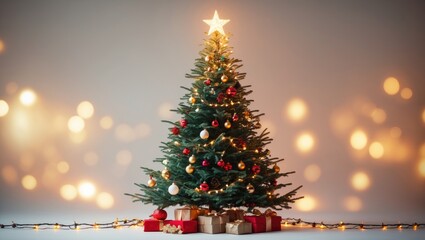Poster - Merry Christmas and Happy New Year theme. Vertical arrangement of a Christmas tree embellished with decorations against a white background.