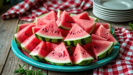 Aufkleber - Stack of triangular slices of a refreshing, cold, and tasty watermelon arranged on a big dish. Wholesome, fresh, and organic food.