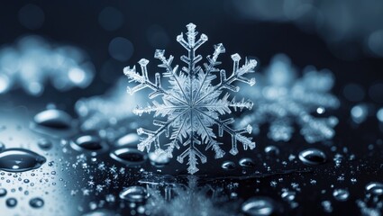 Aufkleber - This detailed photograph highlights a group of delicate snowflakes on a dark surface, showcasing their intricate crystalline structures against the contrasting background.