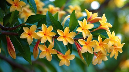 A tree branch is decorated with a cascade of vibrant yellow frangipani flowers