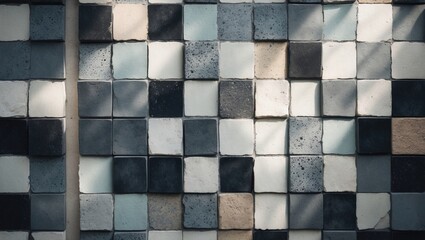 Poster - Vintage geometric square mosaic design showcasing gray, white, anthracite, and black cement tiles, ideal for a textured background.