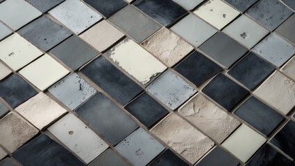 Poster - Vintage geometric square mosaic design showcasing gray, white, anthracite, and black cement tiles, ideal for a textured background.