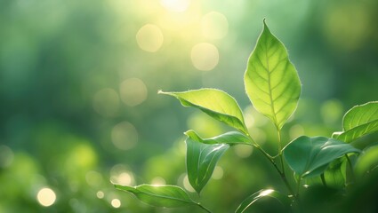 Poster - Nature's stunning view of a green leaf against a blurred greenery backdrop with copy space, serving as a background for a natural green plants landscape, ecology, and fresh wallpaper concept.