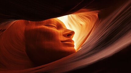 Poster - Carved stone face nestled within beautiful desert canyon formations